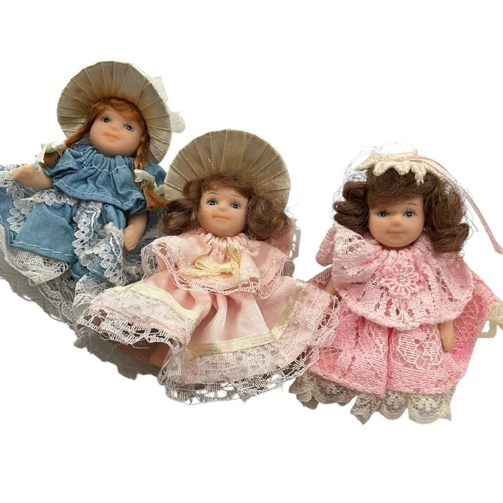VINTAGE Porcelain Dolls (6) Two Sizes Victorian Hangable (3) Somewhat Posable